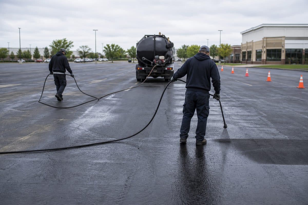 Sealcoating crew applying a coating to a parking lot